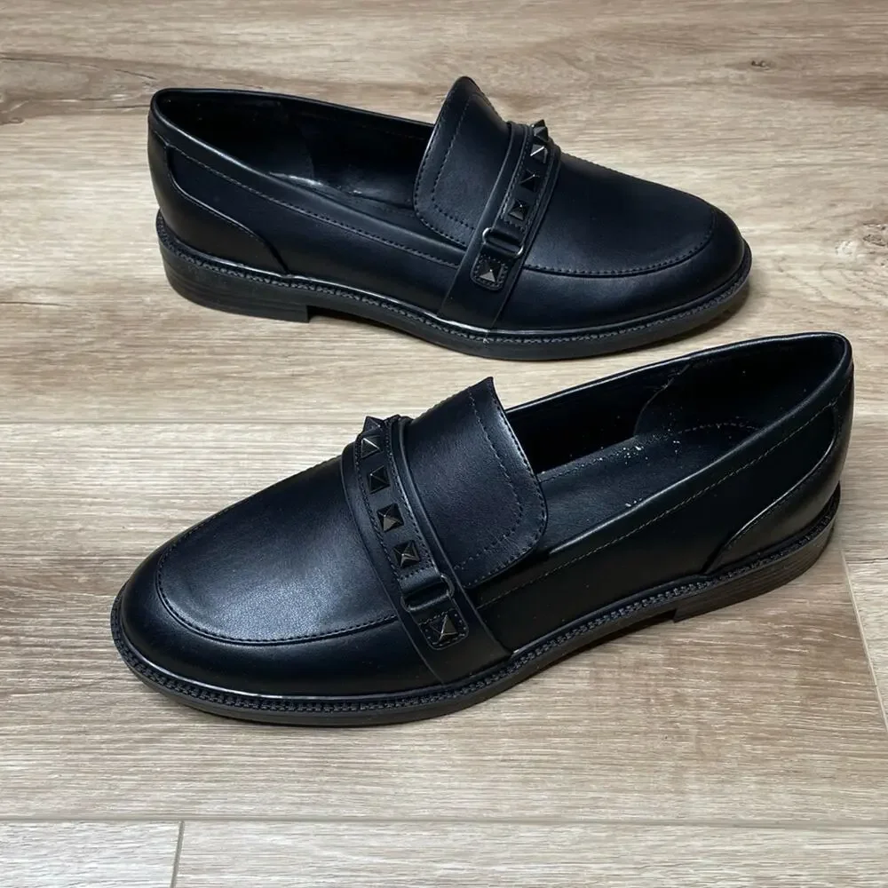 Marc Fisher Women's Black Faux Leather Round Toe Cancia 2 Studded Loafer sz 9.5
